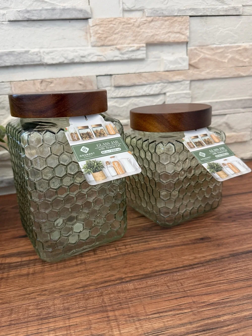 🆕 Set of 2 | Green Honeycomb Glass Jars with Wooden Lids!